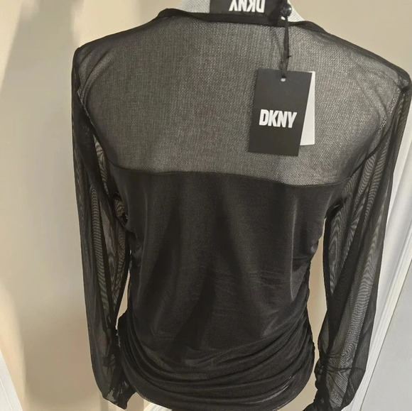 DKNY Mesh Sheer Top Gathered  Long Sleeve Lined Ruched Black size L - Picture 5 of 9